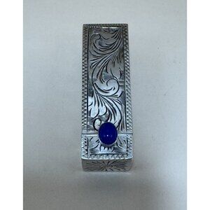 Vintage Italy Floral 800 SILVER LIPSTICK CASE ETCHED Lapis Lazuli Cabochon Stone